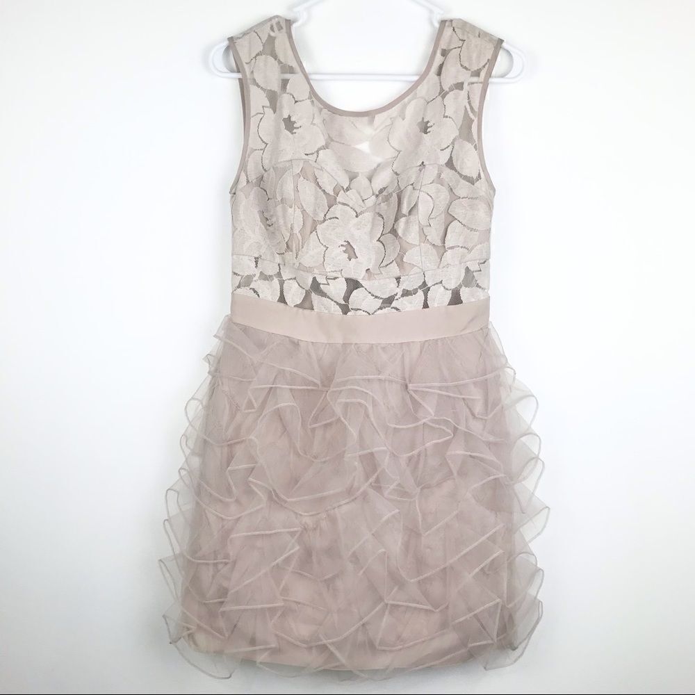 BCBG Generation Tan Blush Ruffle Tulle and Lace Dress